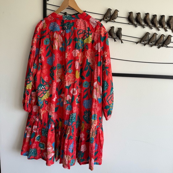 J Crew Floral Cotton Swing Dress Red Boho Tiered Womens M Resort Vacation Chic - Picture 7 of 14